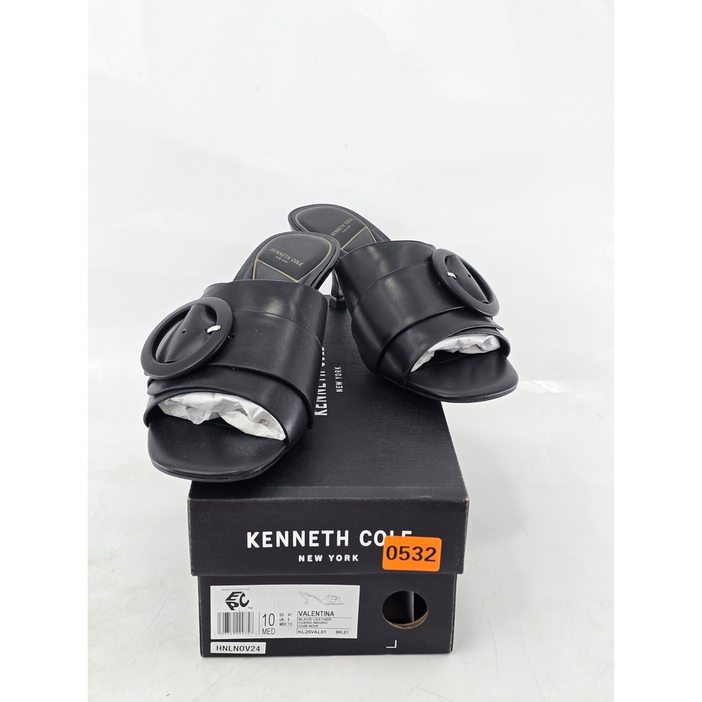 Kenneth Cole Valentina Heels Women 10 Black Leather Buckle Slide Sandals‎ -New